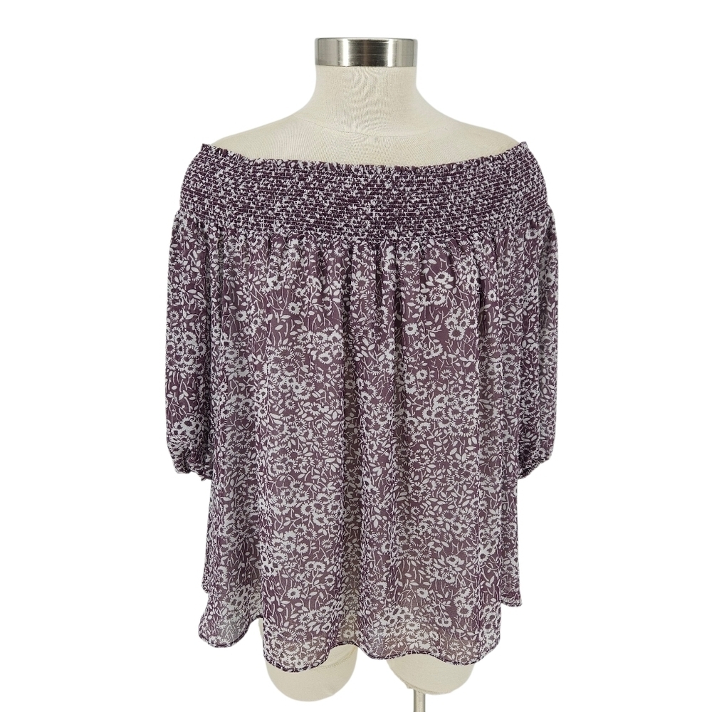 Ann Taylor LOFT Peasant Top Purple Floral Off Shoulder 3/4 Sleeve Shirt XS - Picture 2 of 10